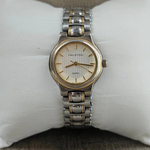 Vintage Halston Ladies Wristwatch Silver Gold Dual Tone Quartz Wrist Watch - Picture 3 of 12
